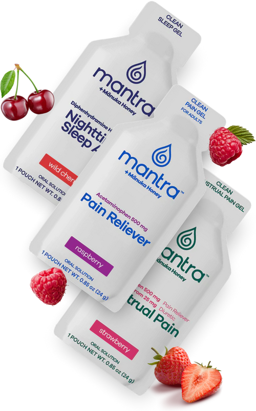 Four Mantra sleep aid pouches arranged in a fan shape on a white background, surrounded by fresh cherries and raspberries. The pouches are labeled Nightly Sleep, Pain Reliever, and True Pain, with clean herbal gel technology text visible.