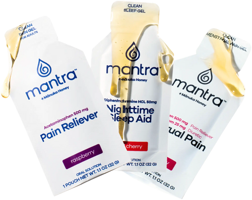 Three packets of Mantra products on a white background